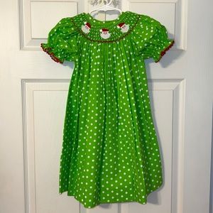 Kelly Kids size 3/4 Christmas Santa smock green dress/poka dots,trim red ric rac
